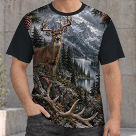 Majestic Antlered Buck in Pine Forest for Cozy Cabin Evenings and Woodland Getaways All-over Print Unisex T-shirt