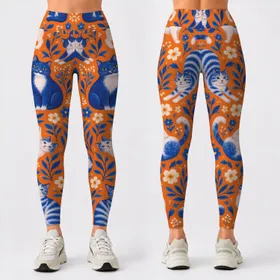 Tangerine Cats With Blue Accents For Yoga, Running And Casual Days For Cat Lovers Leggings