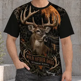 Whitetail Deer Beneath Autumn Moon for Rustic Hunting Camp Nights and Outdoor Weekends All-over Print Unisex T-shirt
