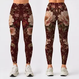 Burgundy Vintage Botanical Florals for Relaxed Vacation Style and Everyday Living Leggings