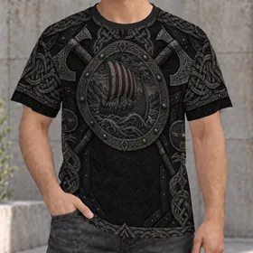 Norse Longship Shield Knot Motifs for Autumn Gatherings and Viking History Enthusiasts All-over Print Unisex T-shirt