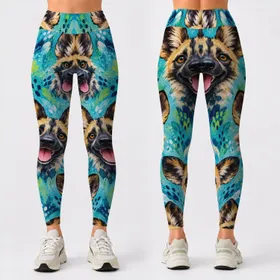 Playful Wild Dog Faces In Turquoise For Bright Summer Days And Casual Outings Leggings