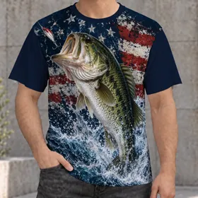 Patriotic Bass Fishing Scene for Outdoor Angling and Lake Day Weekend Adventures All-over Print Unisex T-shirt