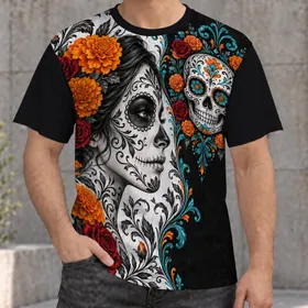 Sugar Skull Woman and Floral Calavera for Day of the Dead Celebrations All-over Print Unisex T-shirt