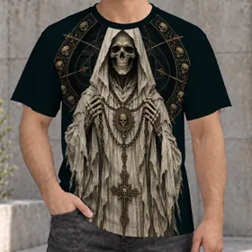 Hooded Skeleton and Antique Bronze Emblem for Gothic Nightlife and Dark Style All-over Print Unisex T-shirt