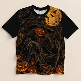 Scarecrow, Raven And Pumpkin Moon Scene For Halloween Night Celebrations All-over Print Unisex T-shirt