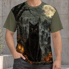Moonlit Black Cat Cemetery Scene for Halloween Nights and Autumn Gatherings, Unisex All-over Print Unisex T-shirt