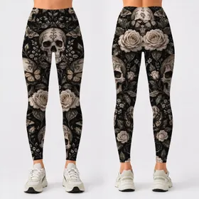 Skull Rose Butterfly Gothic Style for Halloween Parties and Spooky Season Leggings