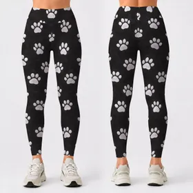 White Paw Motifs on Charcoal for Everyday Pet Lover Adventures and Spring Outings Leggings