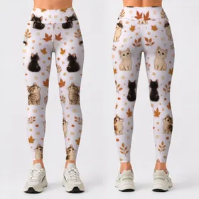 Autumn Kitten Faces and Ivory Polka Dots for Cozy Everyday Commuting Style for Women Leggings