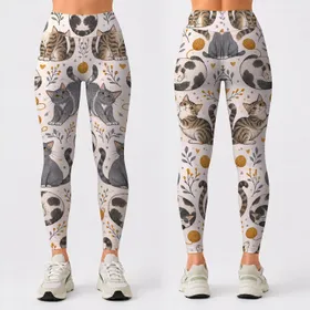 Playful Gray Cat and Yarn Motifs for Yoga, Travel, and Everyday Comfort Leggings