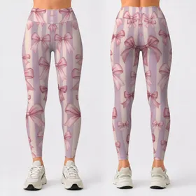 Dusty Pink Bows and Lavender Stripes for Balletcore Fitness and Studio Style Leggings