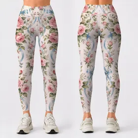 Blush Rose Vines and Blue Bows for Yoga, Pilates and Everyday Wear Leggings