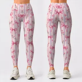 Pink Bow And Lavender Stripe Motif For Studio Workouts And Everyday Style Leggings