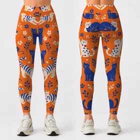 Playful Blue And Cream Cats On Tangerine For Yoga Sessions And Everyday Activewear Leggings