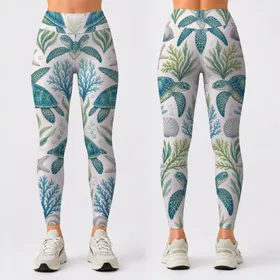 Teal Sea Turtles And Coastal Shells For Ocean-Loving Yoga And Beachside Adventures Leggings