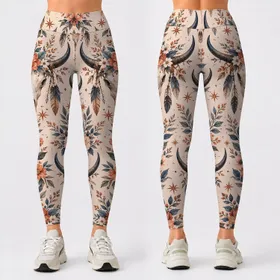 Western Longhorn Skull And Coral Flowers For Country Concerts And Ranch Style Leggings