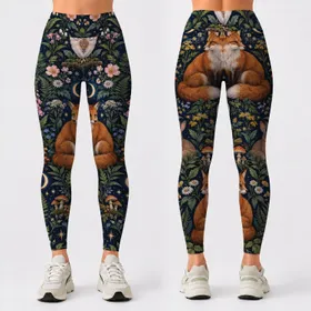 Fox, Owl And Rabbit In A Midnight Wildflower Garden For Cozy Autumn Days Outdoors Leggings