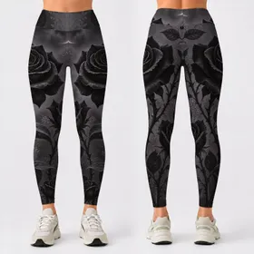 Black Roses and Crescent Moon for Gothic Night Out Style, Elegant Women's Everyday Wear Leggings