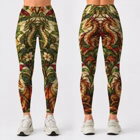 Amber Stained Glass Dragons for Autumn Walks, Travel, Outdoor Adventures and Hiking Leggings