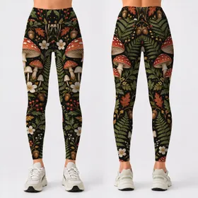 Mushroom Acorn Bird Woodland Botanicals For Nature Walks And Autumn Outings Leggings