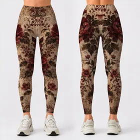 Burgundy Botanical Vines on Aged Parchment for Romantic Autumn Wardrobe Styling Leggings