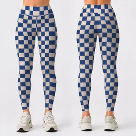 Blue And Ivory Gingham Checks For Studio Workouts And Weekend Wear Leggings