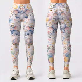Pastel Baby Elephants and Balloons for Yoga Pilates and Everyday Wear Leggings