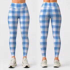 Blue And White Gingham Checks For Yoga, Pilates, Errands And Everyday Casual Style Leggings