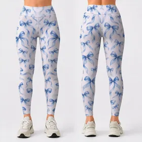 Delicate Blue Satin Bow Motifs for Yoga, Pilates and Everyday Chic Activewear Style Leggings