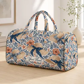 Vintage Blue Sun Hats and Botanicals for Bohemian Beach Getaways and Coastal Escapes Quilted Weekend Bag