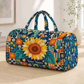 Bold Sunflower and Coastal Patchwork for Sunny Beach Days and Relaxed Summer Getaways Quilted Weekend Bag