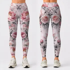 Dusty Rose Peonies and Silver Foliage for Yoga, Pilates, and Everyday Active Living Leggings