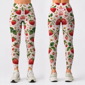 Red Strawberries and Pink Berry Blossoms for Fresh Everyday Fitness and Leisure Style Leggings