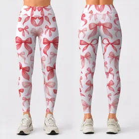 Coral and Blush Bow Motifs for Yoga, Pilates, Commuting and Everyday Errands Leggings