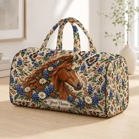 Chestnut Horse and Bluebonnet Florals for Ranch Getaways and Country Weekend Escapes Quilted Weekend Bag