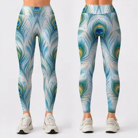 Teal Peacock Feathers for Yoga, Pilates, Travel, and Everyday Style Leggings