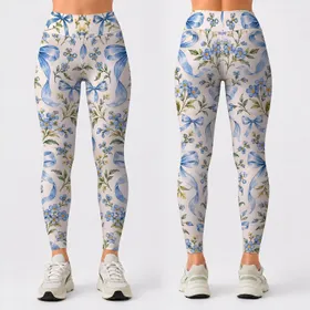 Blue Bow And Tiny Floral Motifs For Yoga, Pilates, And Everyday Outings Leggings