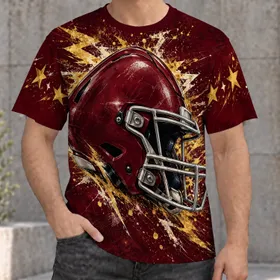 Burgundy Football Helmet and Gold Sparks for Game Day Streetwear Fans All-over Print Unisex T-shirt