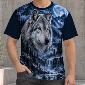 Blue Moon Wolf Mountain Waterfall Wilderness for Hiking and Outdoor Adventures All-over Print Unisex T-shirt