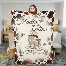 Personalized Western Couple Blanket – Custom Names & Date, Cowboy Boots Anniversary Wedding Gift