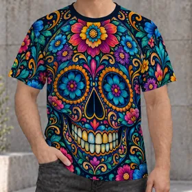 Colorful Sugar Skull and Floral Ornaments for Day of the Dead Festivities and Parties All-over Print Unisex T-shirt