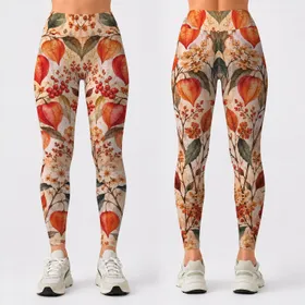 Coral Lantern Pods And Autumn Botanicals For Everyday Commuting Leggings