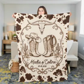 Personalized Western Couple Blanket – Custom Names & Date, Longhorn Cowboy Boots Anniversary Wedding Gift