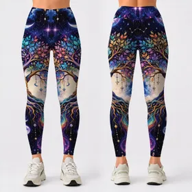 Celestial Moon And Rainbow Tree For Festival Nights And Everyday Bohemian Style Leggings