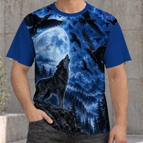 Moonlit Wolf and Raven Forest Scene for Nighttime Nature Lovers and Wildlife Fans All-over Print Unisex T-shirt
