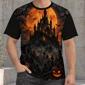 Haunted Pumpkin Castle Under a Blood Moon for Spooky Halloween Nights and Fallwear All-over Print Unisex T-shirt