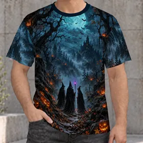 Moonlit Witch Gathering With Glowing Pumpkins For Halloween Night Forest Fans All-over Print Unisex T-shirt