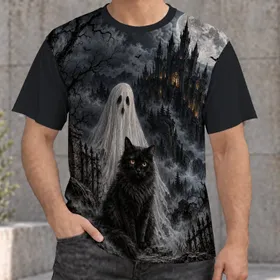 Ghost, Black Cat And Moonlit Castle For Halloween Nighttime Spooky Season All-over Print Unisex T-shirt