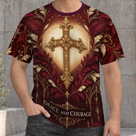 Burgundy Cross And Heart With Grace And Courage For Everyday Faith And Reflection All-over Print Unisex T-shirt